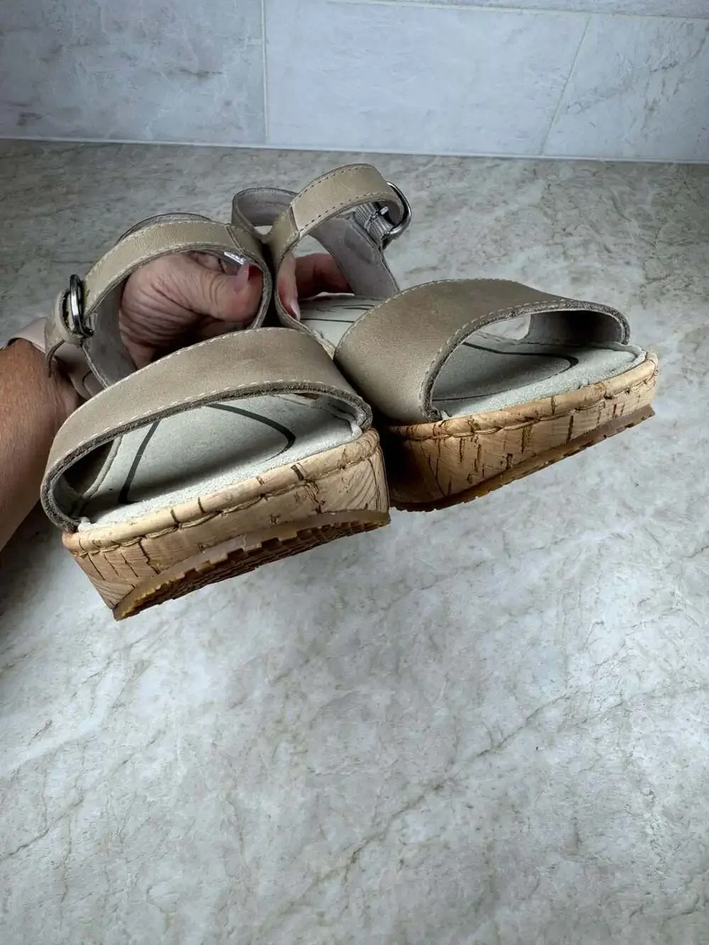 Eddie Bauer Kara Cork Wedge Sandals Taupe Leather Ankle Strap Women 6.5